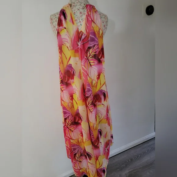 Jennifer Lopez Floral Halter Neck Dress - Pink and Yellow Size Large - Picture 6 of 8